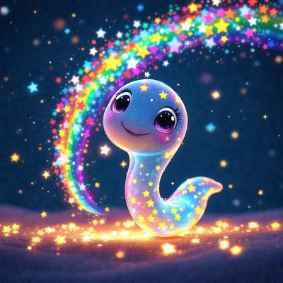 The primary subject of the image is a colorful, rainbow-colored, star-eyed, and smiling cartoon character. The character is standing in a brightly lit, colorful environment, which appears to be a night sky. The visual style of the image is a combination of digital art and illustration, creating a vibrant and lively atmosphere. The dominant colors in the image are the rainbow colors and the bright, glowing lights, which contribute to a cheerful and playful mood.